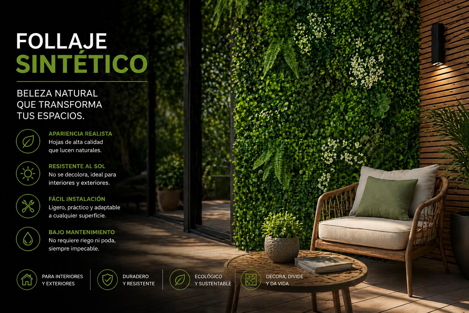 Follaje artificial y jardín vertical decorativo