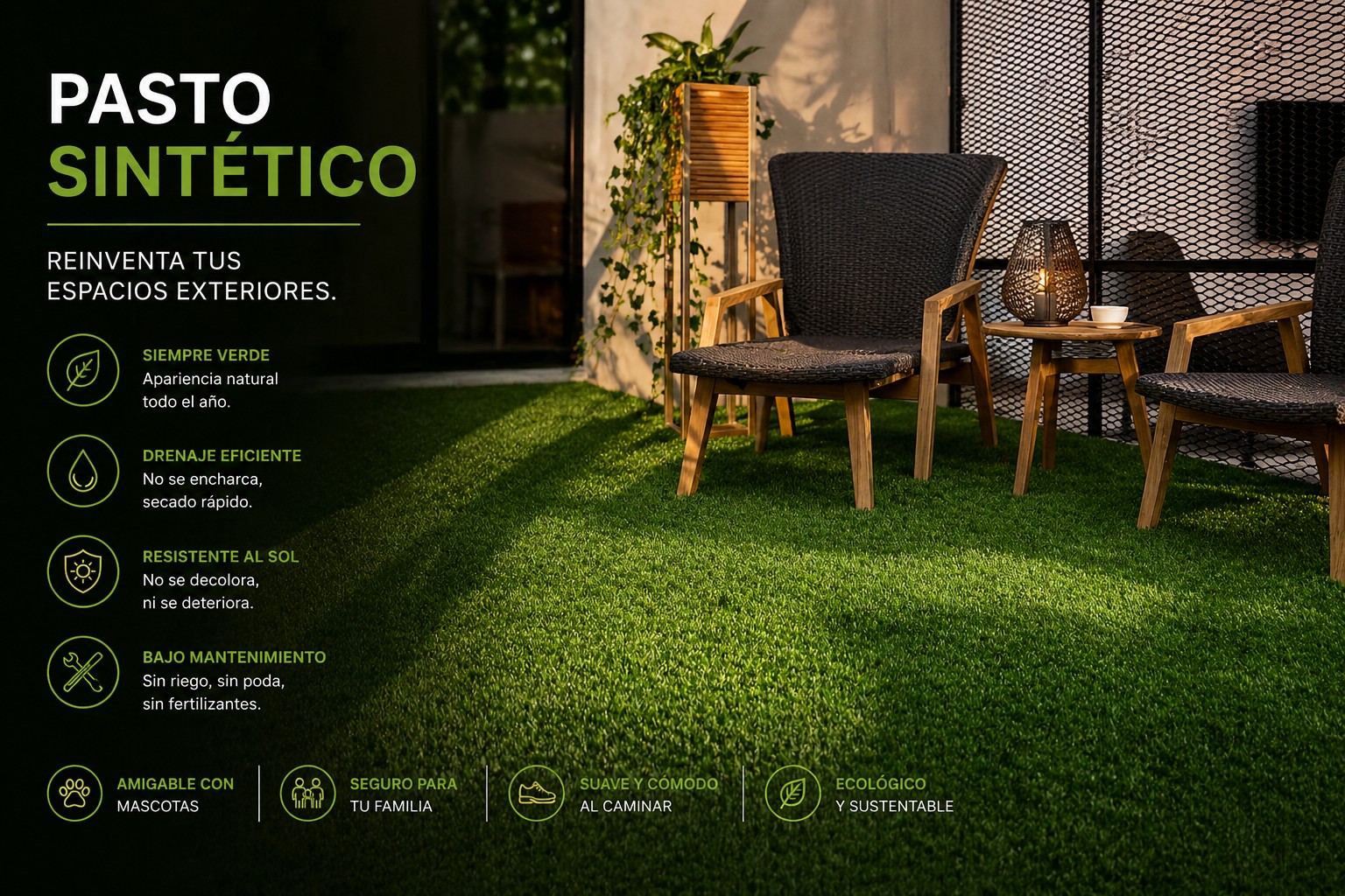 Pasto sintético decorativo para jardín y terraza